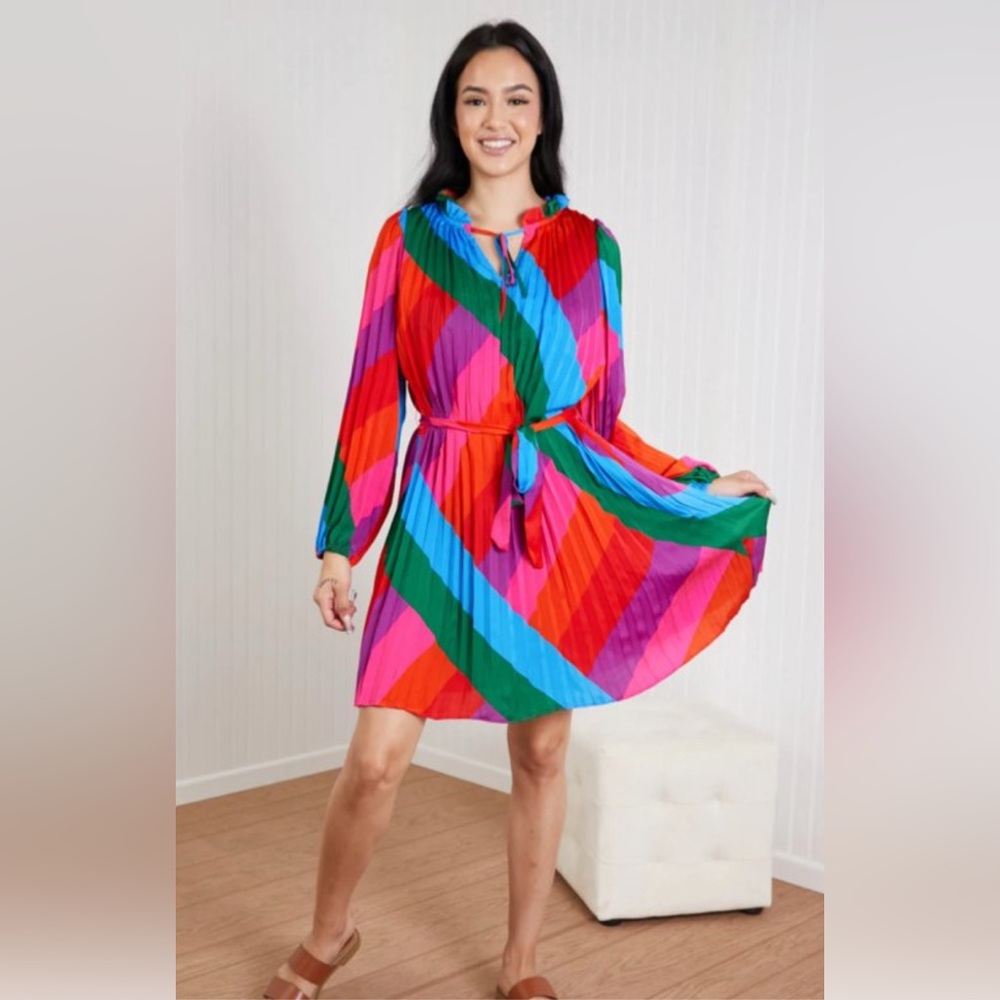 SKIES ARE BLUE Curvy MULTICOLOR PLEATED MINI DRESS WITH WAIST TIE Size 1X